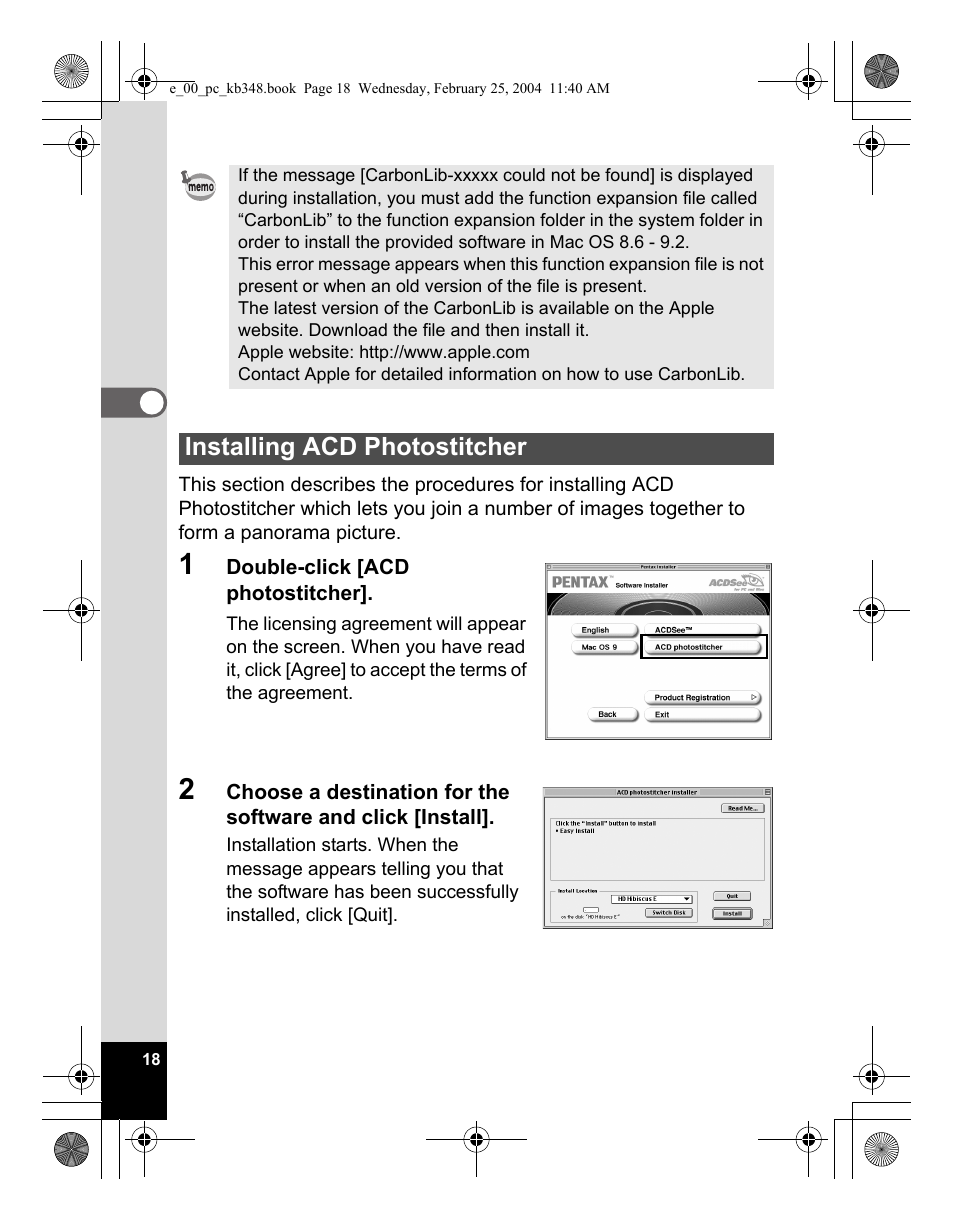 Installing acd photostitcher | Pentax OPTIO S40 User Manual | Page 20 / 48
