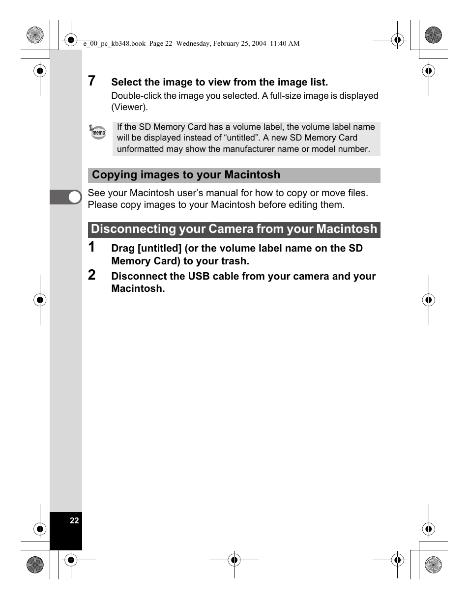 Disconnecting your camera from your macintosh | Pentax OPTIO S40 User Manual | Page 24 / 48