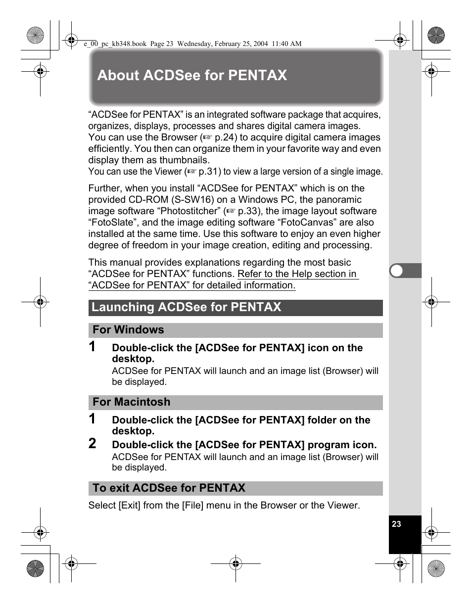 About acdsee for pentax, Launching acdsee for pentax | Pentax OPTIO S40 User Manual | Page 25 / 48