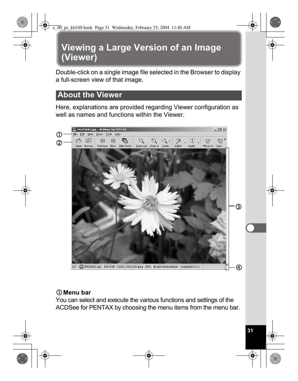 Viewing a large version of an image (viewer) | Pentax OPTIO S40 User Manual | Page 33 / 48