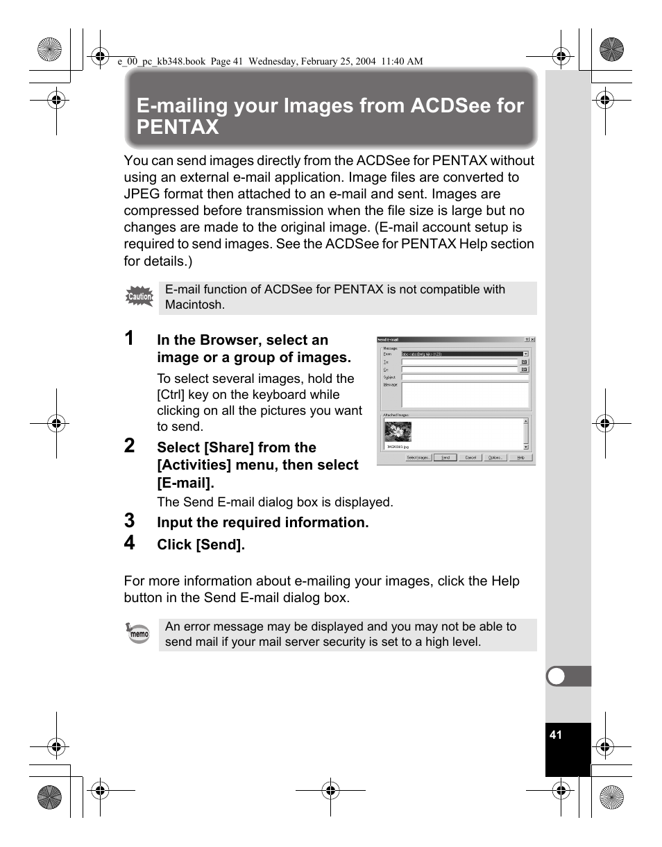 E-mailing your images from acdsee for pentax | Pentax OPTIO S40 User Manual | Page 43 / 48
