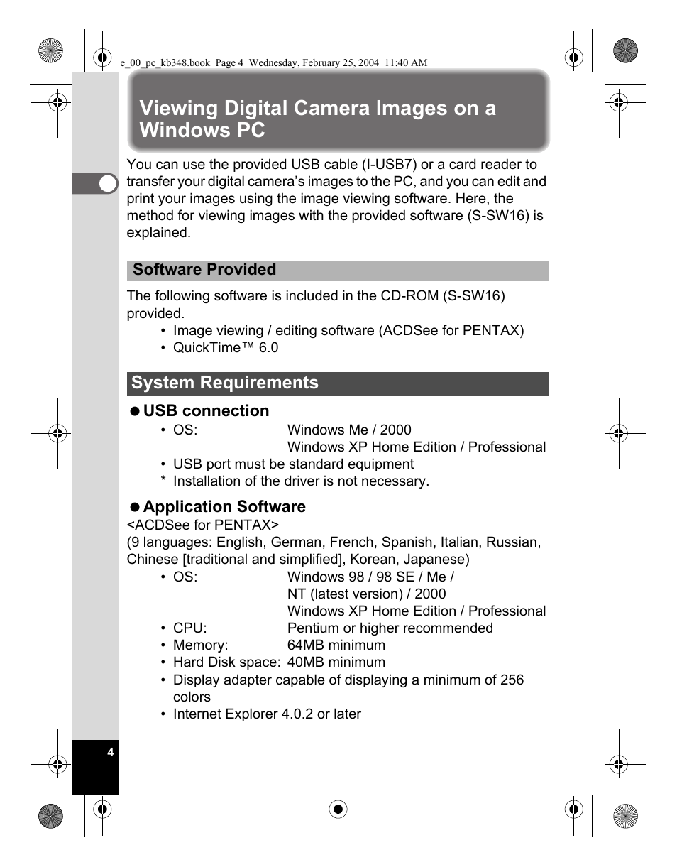 Viewing digital camera images on a windows pc, System requirements | Pentax OPTIO S40 User Manual | Page 6 / 48