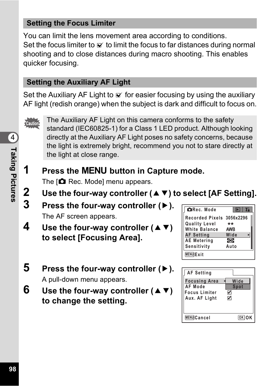 P.98, Press the 3 button in capture mode, Press the four-way controller ( 5 ) | Pentax Optio Digital Camera 750Z User Manual | Page 100 / 200