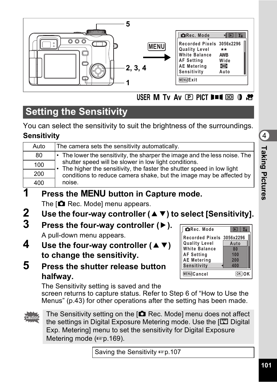 Setting the sensitivity, P.101, P.101) | Press the 3 button in capture mode, Press the four-way controller ( 5 ), Press the shutter release button halfway | Pentax Optio Digital Camera 750Z User Manual | Page 103 / 200