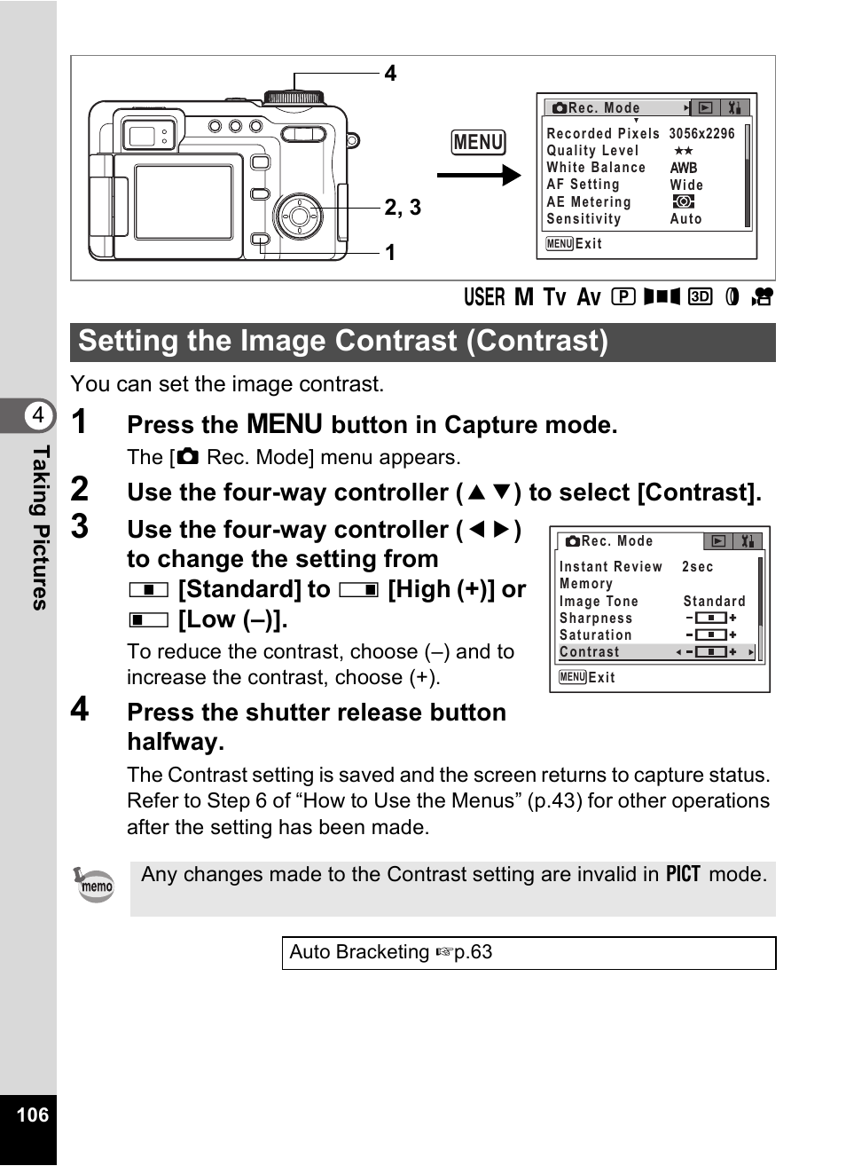 Setting the image contrast (contrast), P.106, P.106) | Press the 3 button in capture mode, Press the shutter release button halfway | Pentax Optio Digital Camera 750Z User Manual | Page 108 / 200