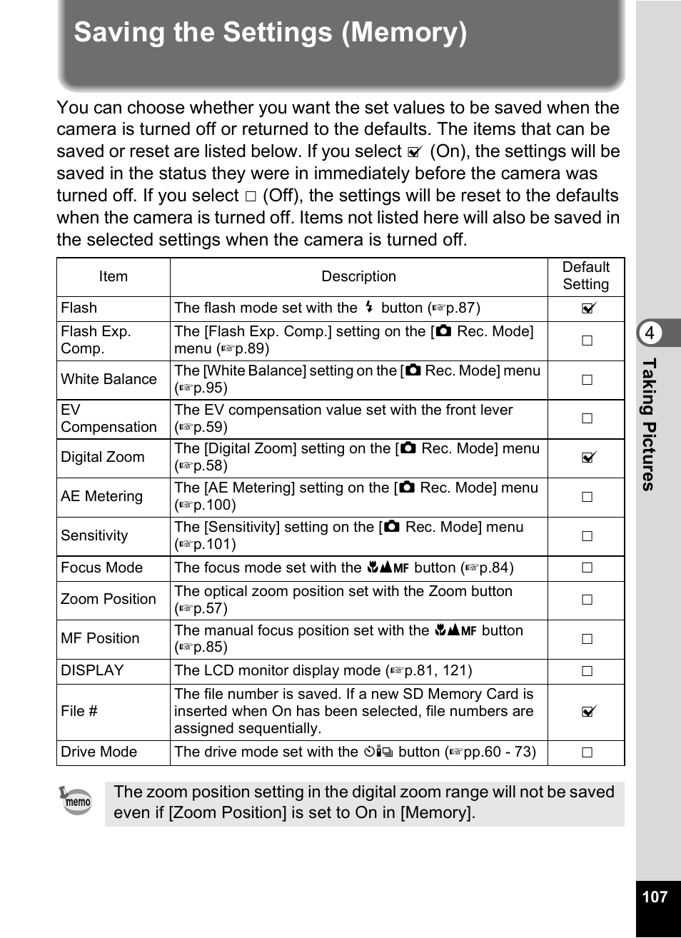 Saving the settings (memory), P.107, 1p.107 | Pentax Optio Digital Camera 750Z User Manual | Page 109 / 200