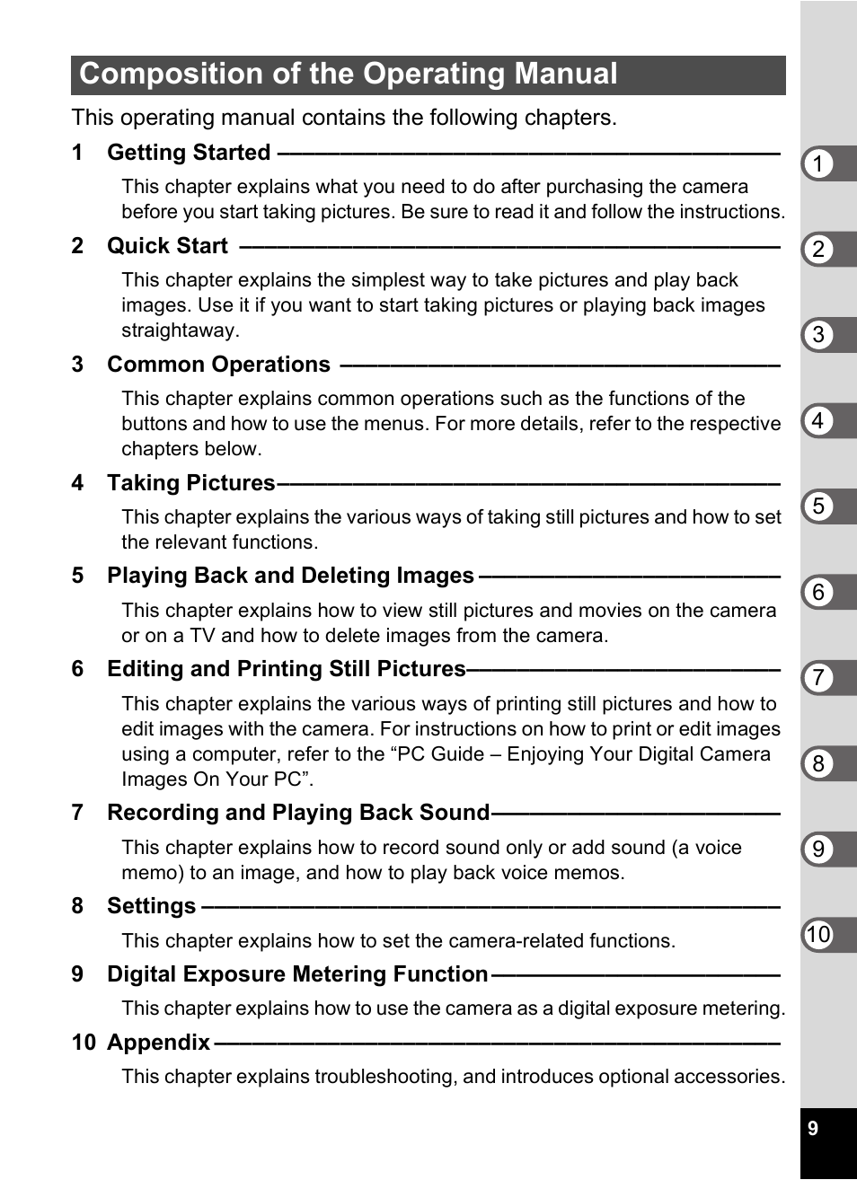Composition of the operating manual | Pentax Optio Digital Camera 750Z User Manual | Page 11 / 200