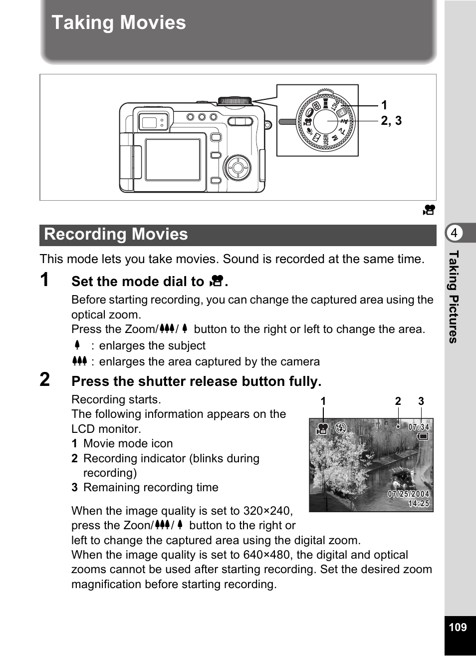 Taking movies, Recording movies, P.109) | P.109 | Pentax Optio Digital Camera 750Z User Manual | Page 111 / 200