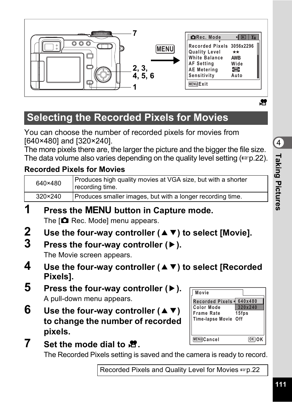 Selecting the recorded pixels for movies, P.111 | Pentax Optio Digital Camera 750Z User Manual | Page 113 / 200