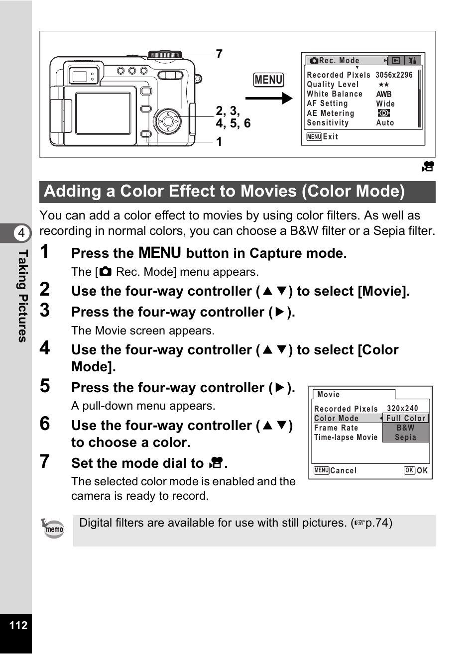 Adding a color effect to movies (color mode), P.112 | Pentax Optio Digital Camera 750Z User Manual | Page 114 / 200