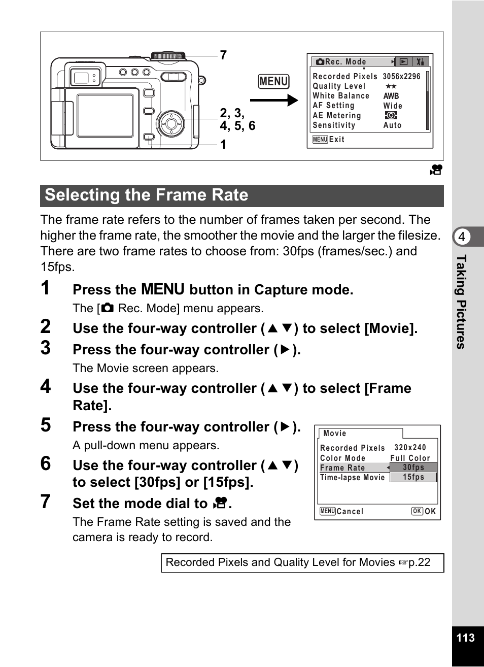 Selecting the frame rate, P.113 | Pentax Optio Digital Camera 750Z User Manual | Page 115 / 200