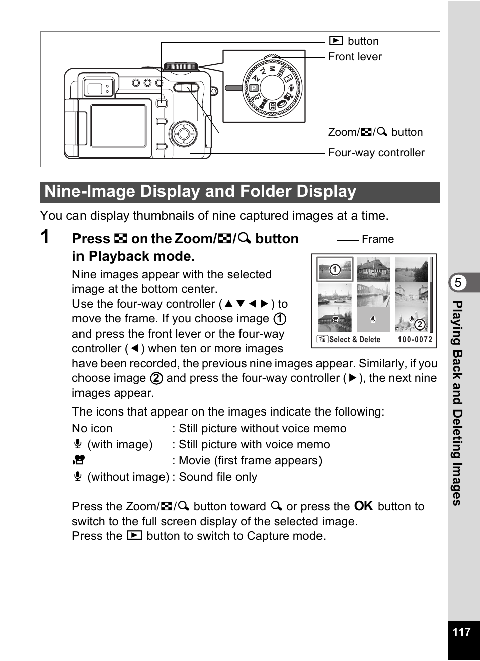 Nine-image display and folder display, P.117), P.117 | 1p.117, Press f on the zoom/ f / y button in playback mode | Pentax Optio Digital Camera 750Z User Manual | Page 119 / 200