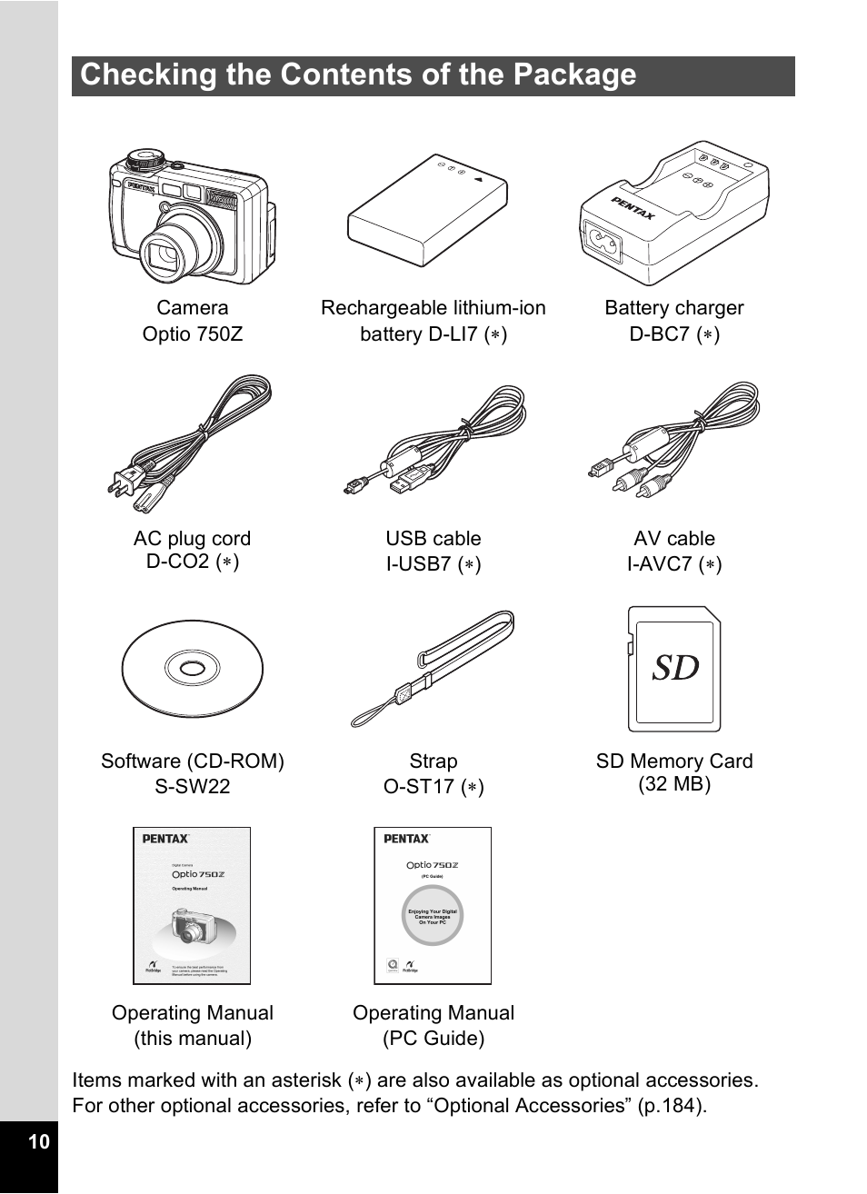 Checking the contents of the package | Pentax Optio Digital Camera 750Z User Manual | Page 12 / 200