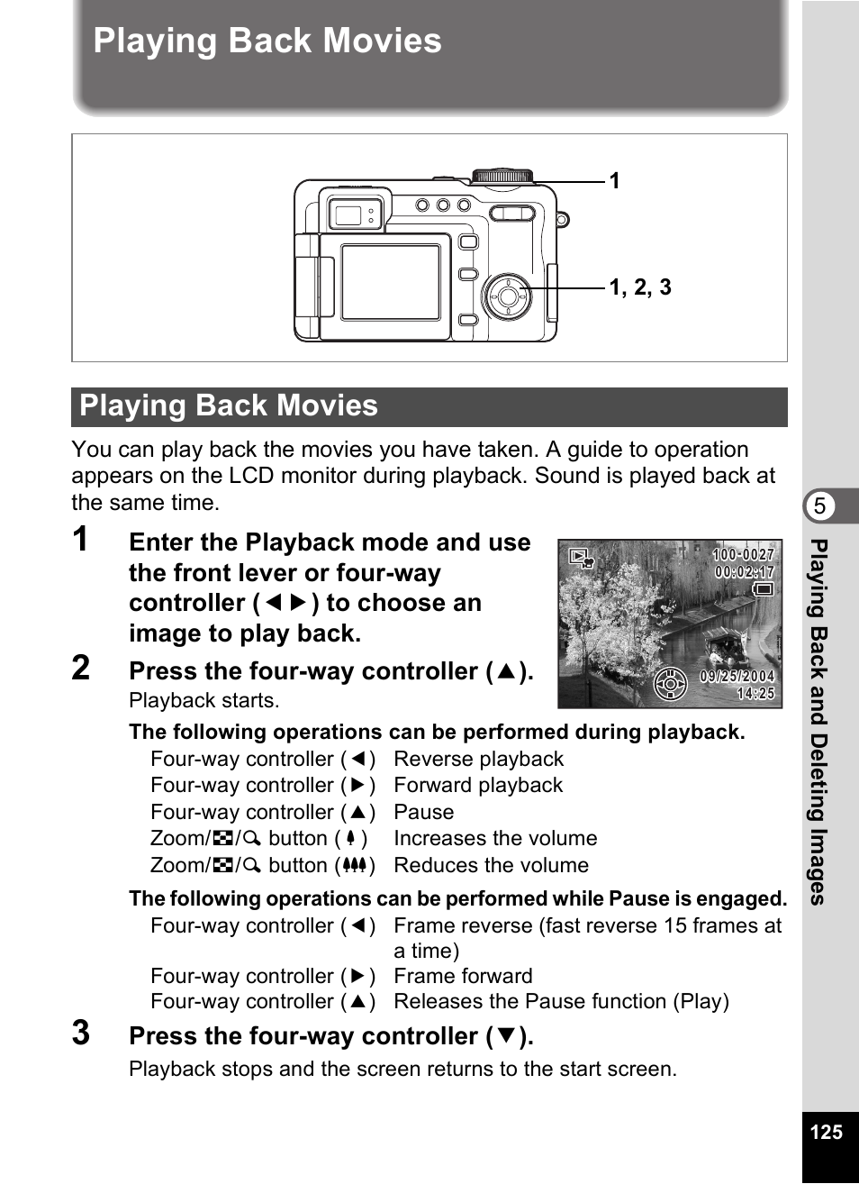 Playing back movies, P.125, 1p.125) | Press the four-way controller ( 2 ), Press the four-way controller ( 3 ) | Pentax Optio Digital Camera 750Z User Manual | Page 127 / 200