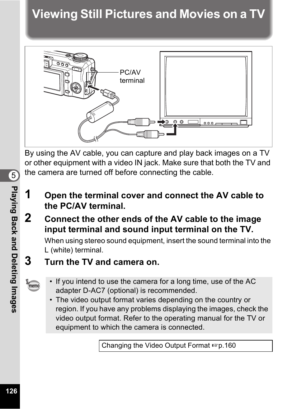 Viewing still pictures and movies on a tv | Pentax Optio Digital Camera 750Z User Manual | Page 128 / 200