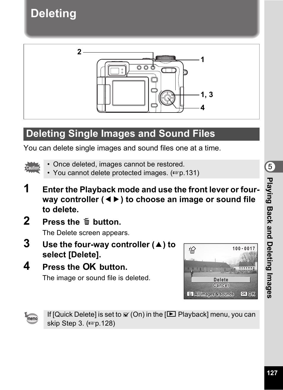 Deleting, Deleting single images and sound files, 1p.127) | Pentax Optio Digital Camera 750Z User Manual | Page 129 / 200