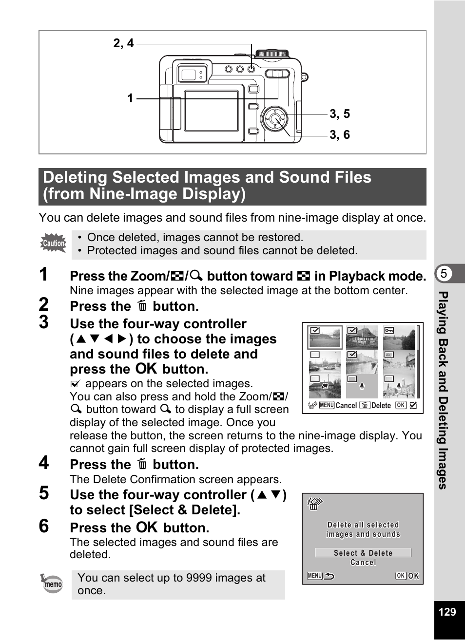 Deleting selected images and sound files, From nine-image display), P.129) | Pentax Optio Digital Camera 750Z User Manual | Page 131 / 200