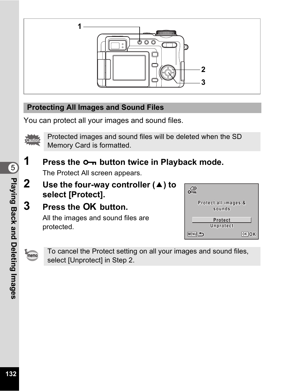 Press the z button twice in playback mode, Press the 4 button | Pentax Optio Digital Camera 750Z User Manual | Page 134 / 200