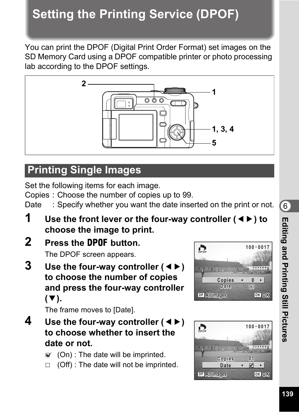 Setting the printing service (dpof), Printing single images, P.139) | Press the g button, 6editin g an d printi ng sti ll pic tures | Pentax Optio Digital Camera 750Z User Manual | Page 141 / 200