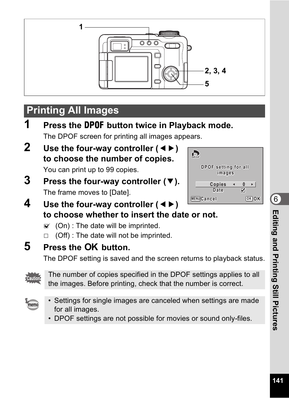 Printing all images, Press the g button twice in playback mode, Press the four-way controller ( 3 ) | Press the 4 button | Pentax Optio Digital Camera 750Z User Manual | Page 143 / 200