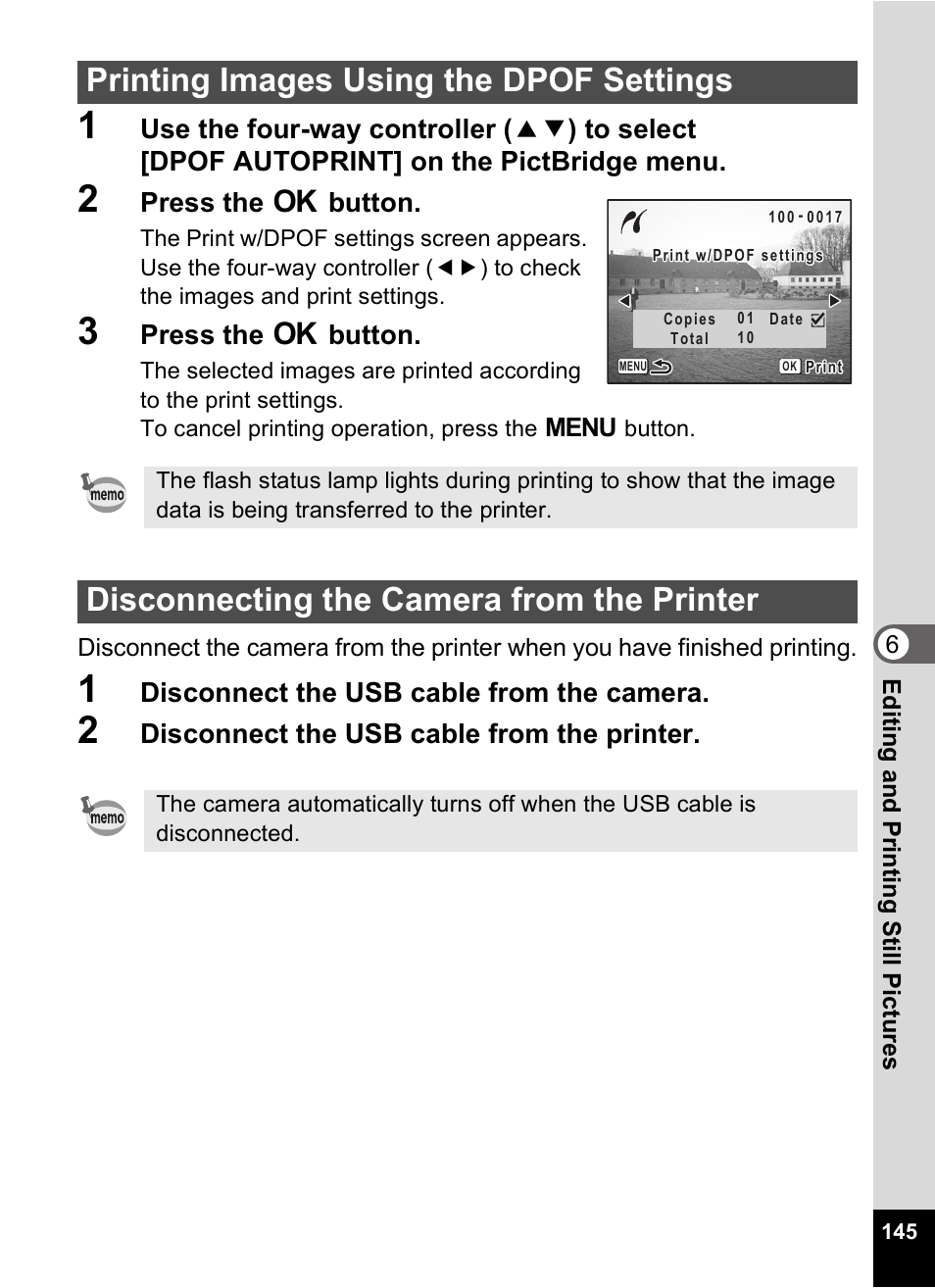 Printing images using the dpof settings, Disconnecting the camera from the printer, Press the 4 button | Disconnect the usb cable from the camera, Disconnect the usb cable from the printer | Pentax Optio Digital Camera 750Z User Manual | Page 147 / 200