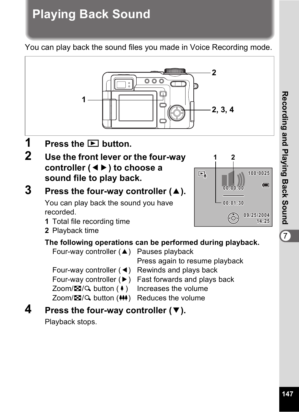 Playing back sound, 1p.147), P.147) | Press the q button, Press the four-way controller ( 2 ), Press the four-way controller ( 3 ) | Pentax Optio Digital Camera 750Z User Manual | Page 149 / 200