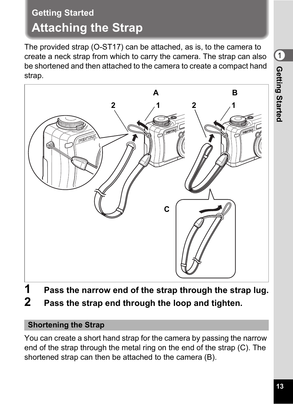 Getting started, Attaching the strap | Pentax Optio Digital Camera 750Z User Manual | Page 15 / 200