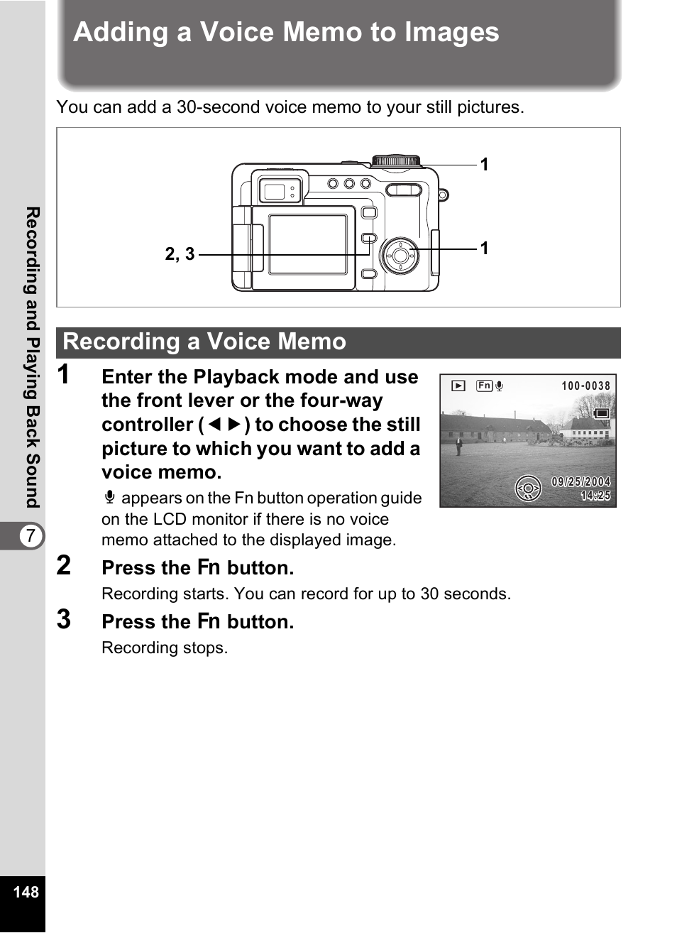 Adding a voice memo to images, Recording a voice memo, 1p.148) | P.148) | Pentax Optio Digital Camera 750Z User Manual | Page 150 / 200