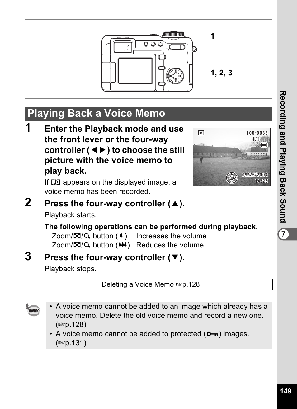 Playing back a voice memo, On (p.149, Press the four-way controller ( 2 ) | Press the four-way controller ( 3 ) | Pentax Optio Digital Camera 750Z User Manual | Page 151 / 200