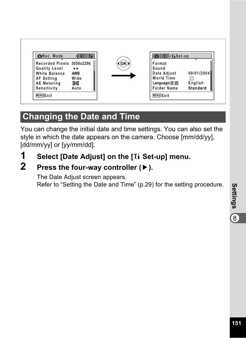 Changing the date and time, P.151, Select [date adjust] on the [ b set-up] menu | Press the four-way controller ( 5 ) | Pentax Optio Digital Camera 750Z User Manual | Page 153 / 200