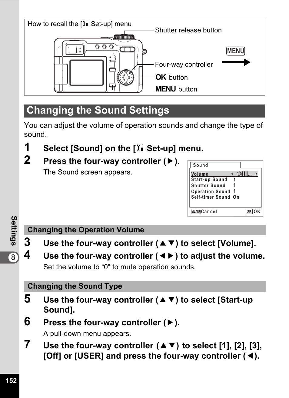 Changing the sound settings, P.152 | Pentax Optio Digital Camera 750Z User Manual | Page 154 / 200