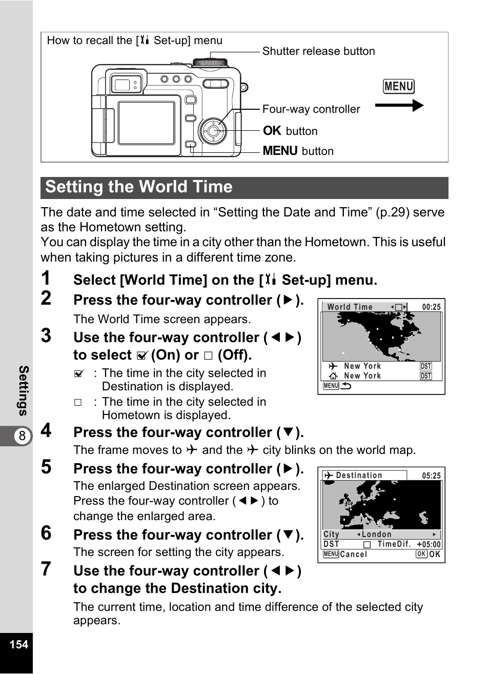 Setting the world time, P.154 | Pentax Optio Digital Camera 750Z User Manual | Page 156 / 200