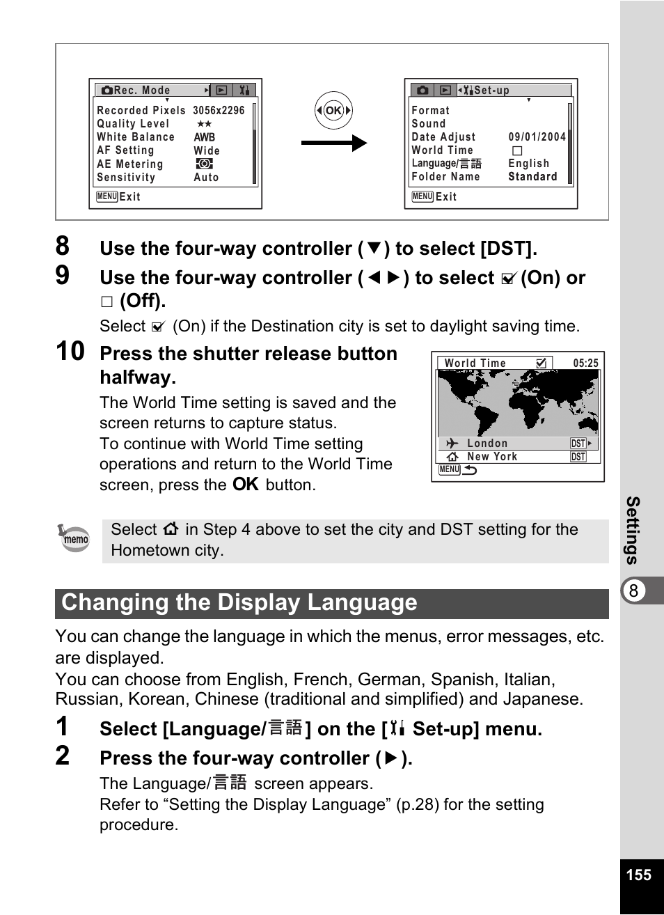 Changing the display language, P.155, Use the four-way controller ( 3 ) to select [dst | Press the shutter release button halfway, Select [language/ ] on the [ b set-up] menu, Press the four-way controller ( 5 ) | Pentax Optio Digital Camera 750Z User Manual | Page 157 / 200