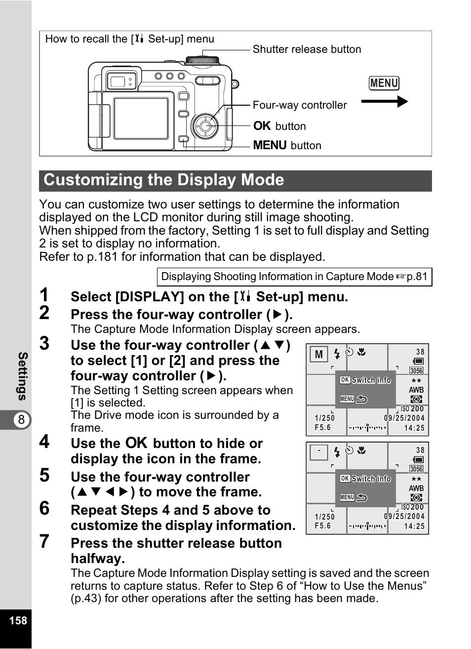 Customizing the display mode, P.158, Select [display] on the [ b set-up] menu | Press the four-way controller ( 5 ), Press the shutter release button halfway | Pentax Optio Digital Camera 750Z User Manual | Page 160 / 200