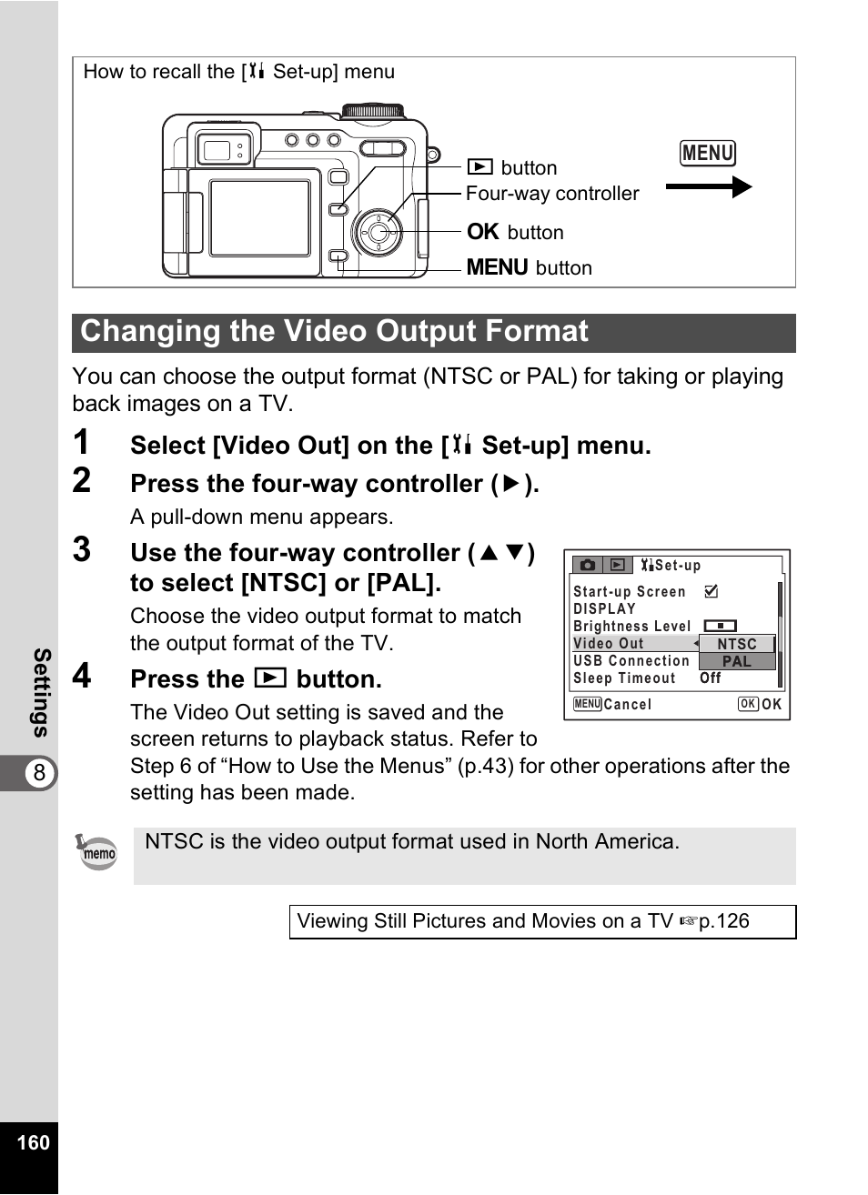 Changing the video output format, P.160, Select [video out] on the [ b set-up] menu | Press the four-way controller ( 5 ), Press the q button | Pentax Optio Digital Camera 750Z User Manual | Page 162 / 200