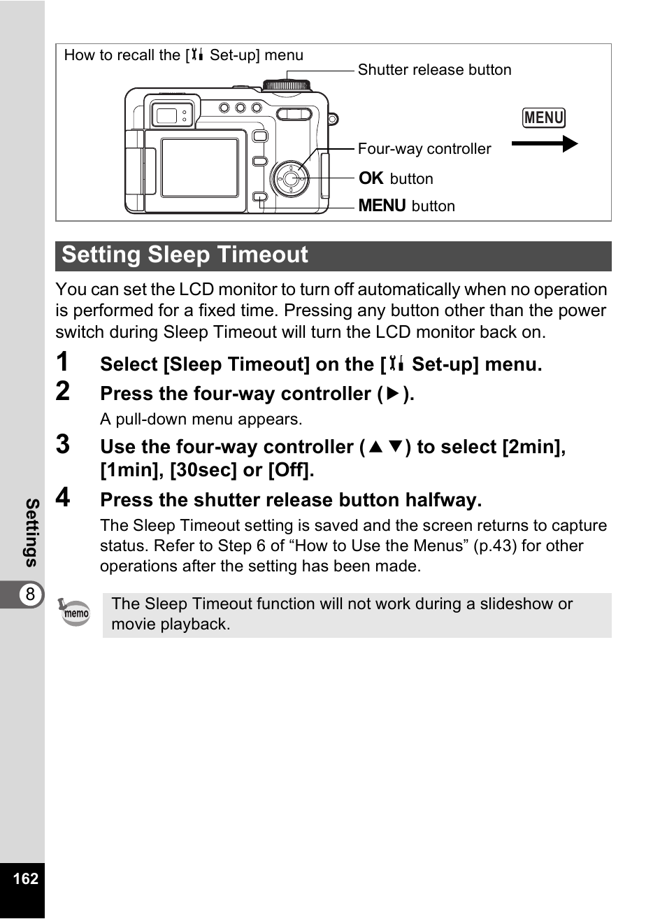 Setting sleep timeout, P.162 | Pentax Optio Digital Camera 750Z User Manual | Page 164 / 200