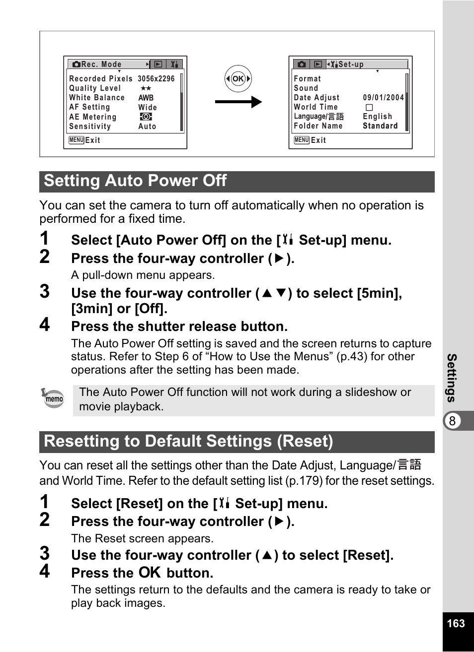 Setting auto power off, Resetting to default settings (reset), P.163 | Pentax Optio Digital Camera 750Z User Manual | Page 165 / 200