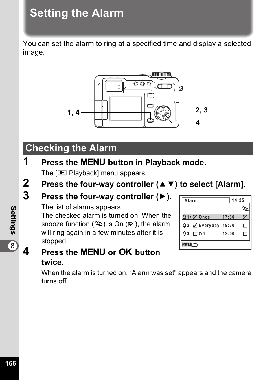 Setting the alarm, Checking the alarm, P.166 | Pentax Optio Digital Camera 750Z User Manual | Page 168 / 200