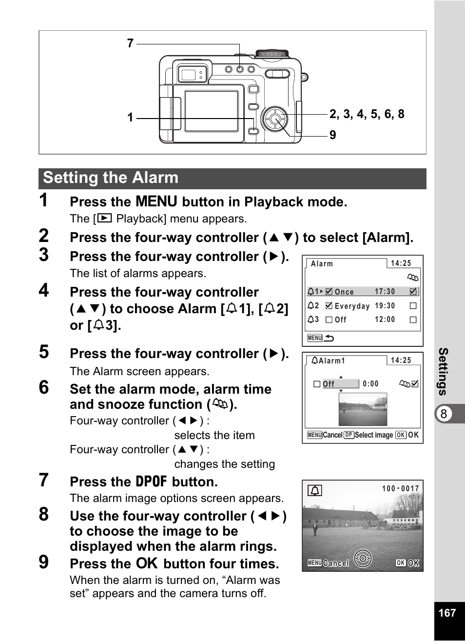 Setting the alarm, Press the 3 button in playback mode, Press the four-way controller ( 5 ) | Press the g button, Press the 4 button four times | Pentax Optio Digital Camera 750Z User Manual | Page 169 / 200