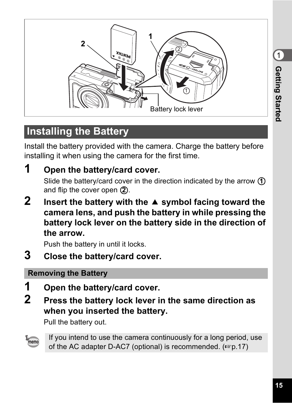 Installing the battery | Pentax Optio Digital Camera 750Z User Manual | Page 17 / 200