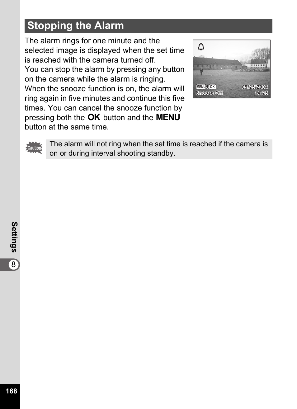 Stopping the alarm | Pentax Optio Digital Camera 750Z User Manual | Page 170 / 200