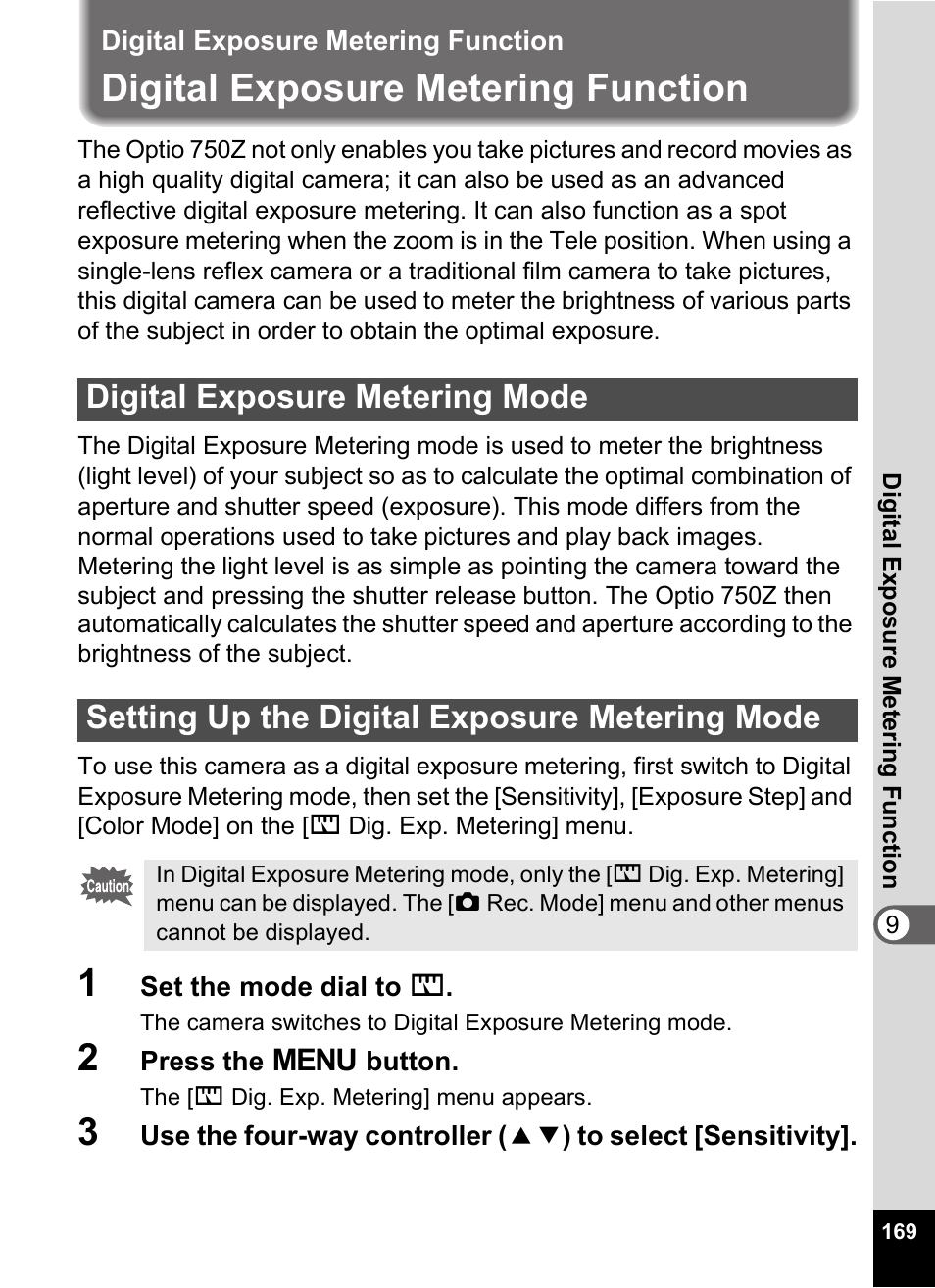 Digital exposure metering function, Digital exposure metering mode, Setting up the digital exposure metering mode | 1p.169), P.169) | Pentax Optio Digital Camera 750Z User Manual | Page 171 / 200