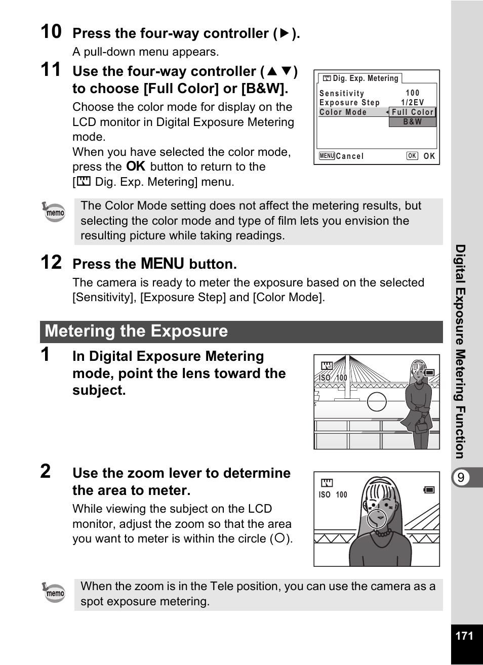 Metering the exposure, Press the four-way controller ( 5 ), Press the 3 button | Use the zoom lever to determine the area to meter | Pentax Optio Digital Camera 750Z User Manual | Page 173 / 200