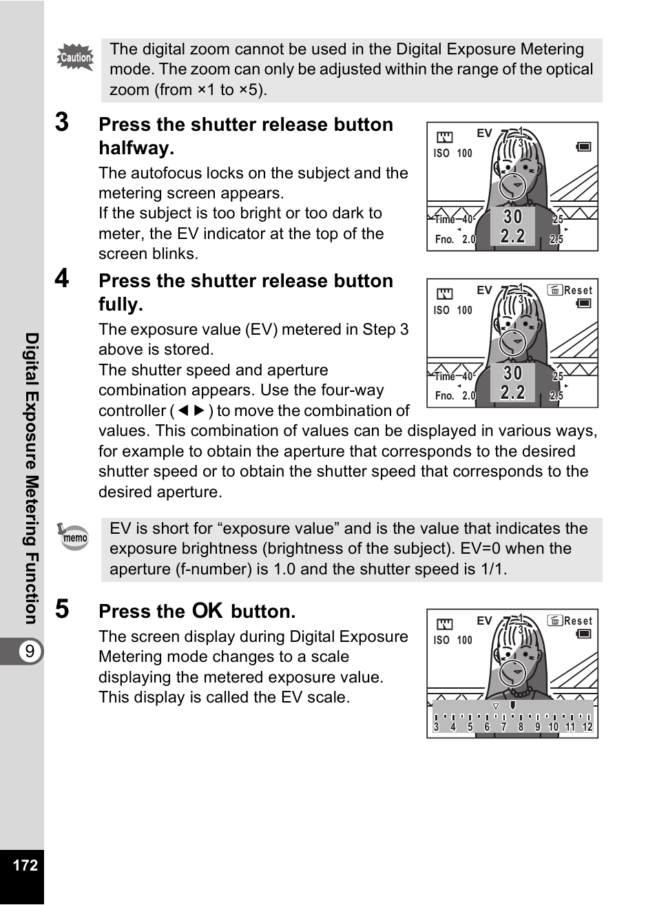 Press the shutter release button halfway, Press the shutter release button fully, Press the 4 button | 9digita l ex posu re m e terin g fu nctio n | Pentax Optio Digital Camera 750Z User Manual | Page 174 / 200