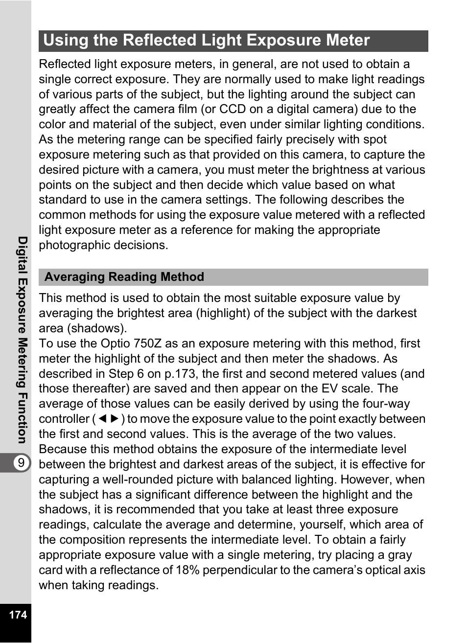 Using the reflected light exposure meter | Pentax Optio Digital Camera 750Z User Manual | Page 176 / 200