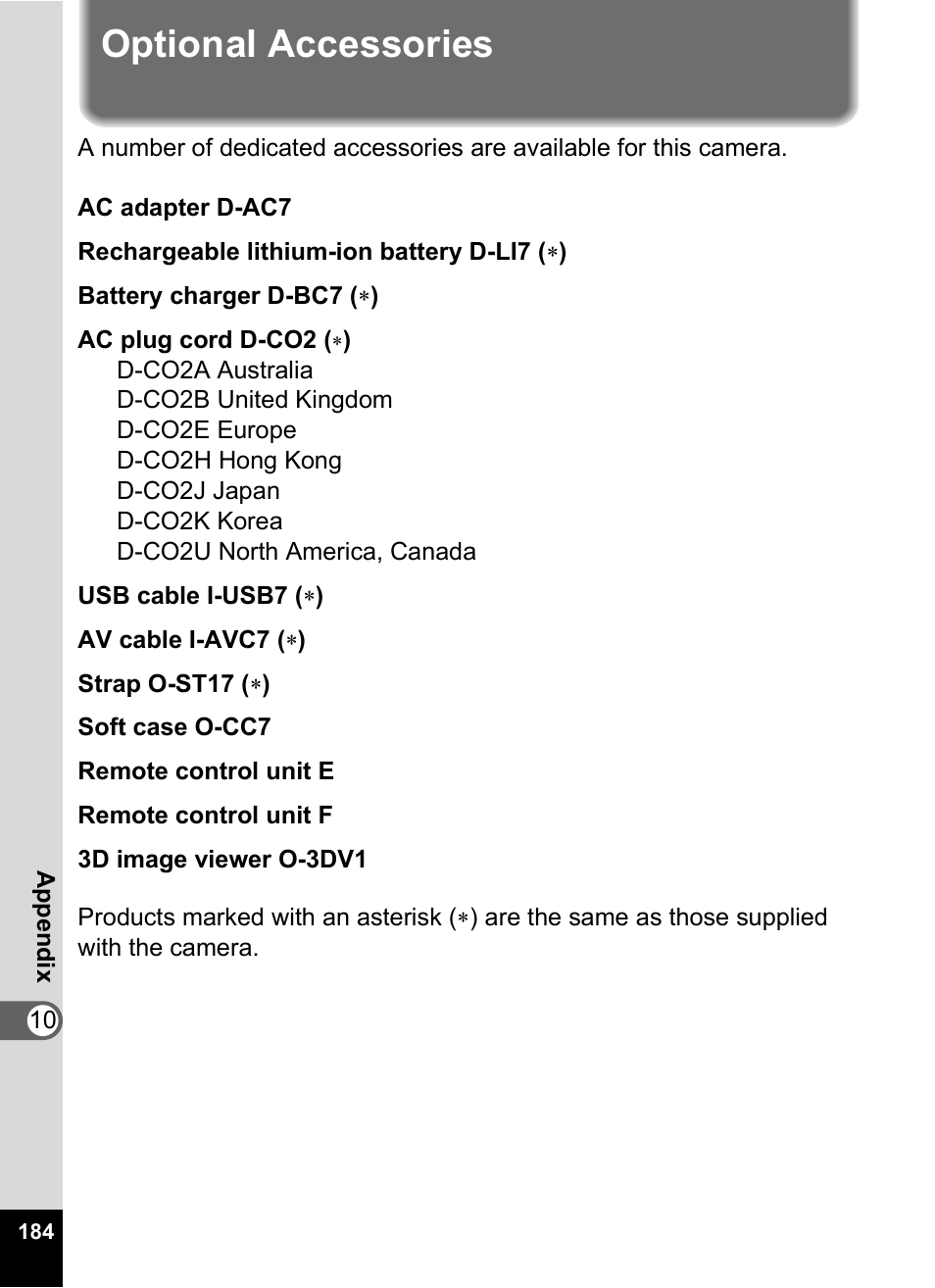 Optional accessories | Pentax Optio Digital Camera 750Z User Manual | Page 186 / 200