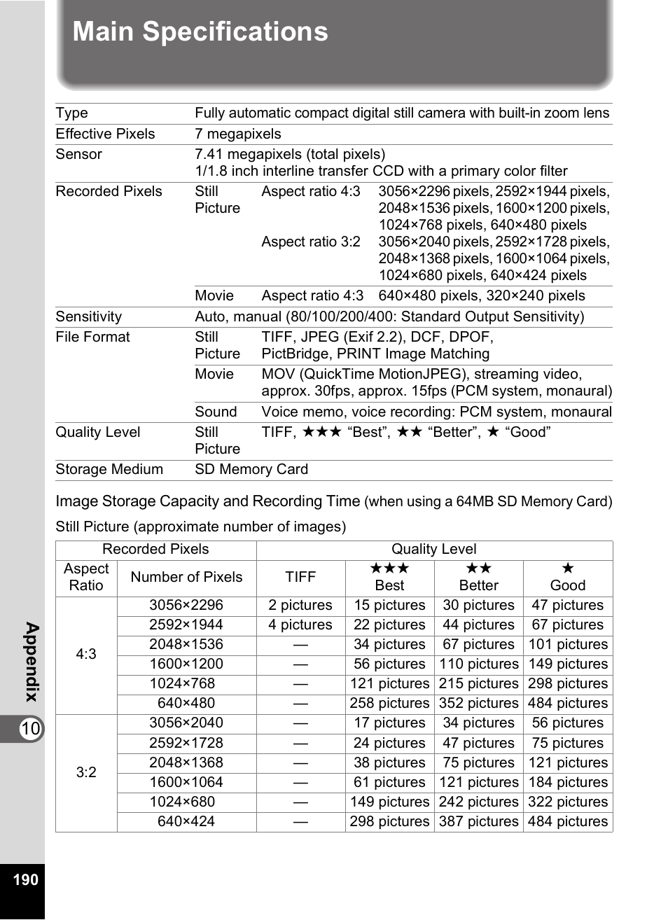 Main specifications, 10 appen d ix | Pentax Optio Digital Camera 750Z User Manual | Page 192 / 200