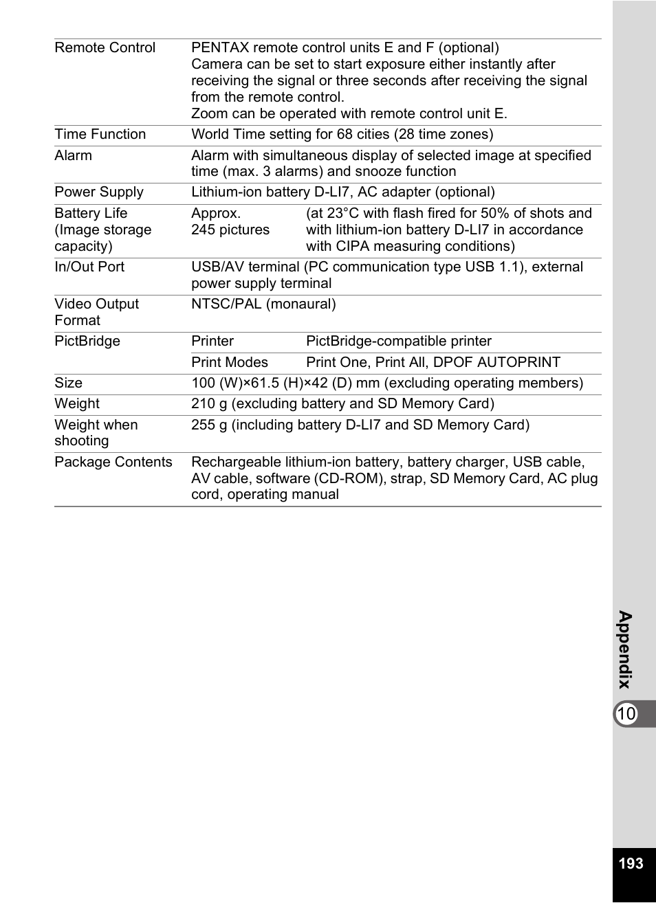 10 appen d ix | Pentax Optio Digital Camera 750Z User Manual | Page 195 / 200