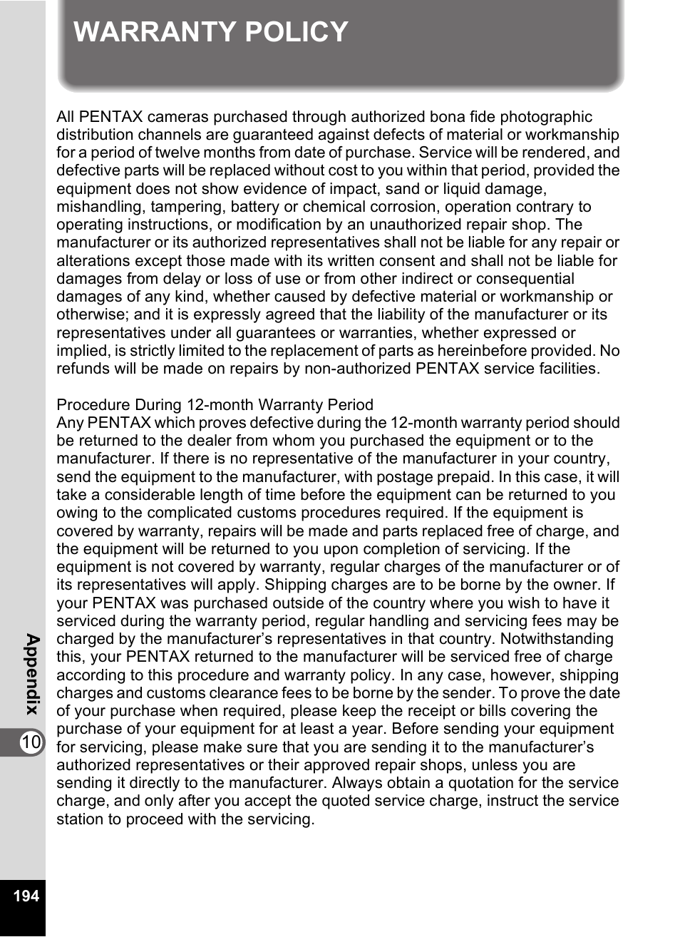 Warranty policy | Pentax Optio Digital Camera 750Z User Manual | Page 196 / 200