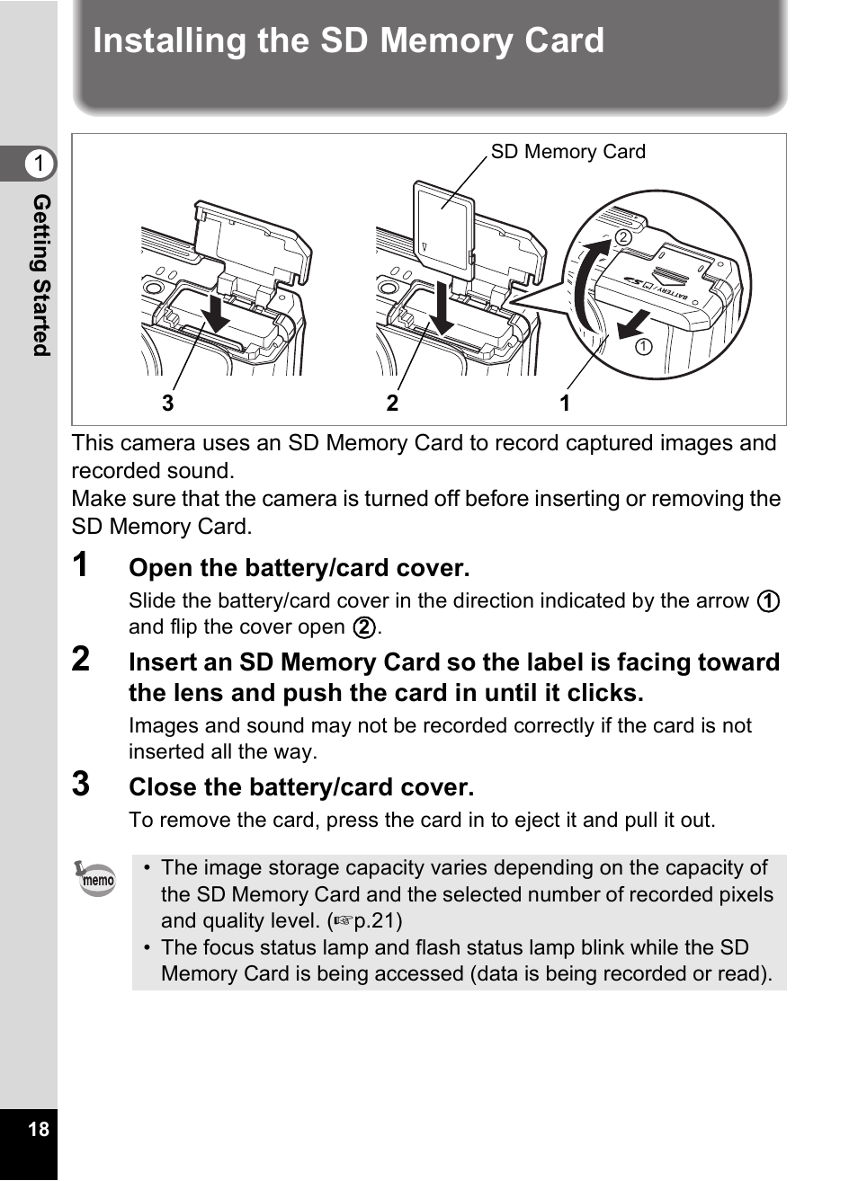 Installing the sd memory card | Pentax Optio Digital Camera 750Z User Manual | Page 20 / 200